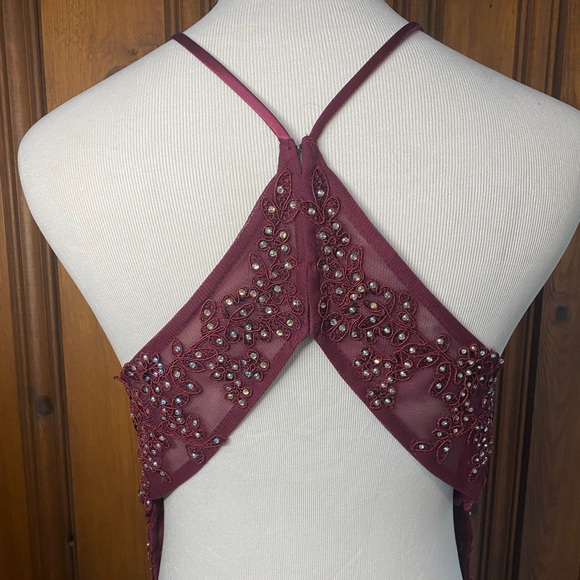 Formal Dress Size Small 7 Halter Beaded Pink Purple Short Length Open Back Prom - Picture 7 of 9